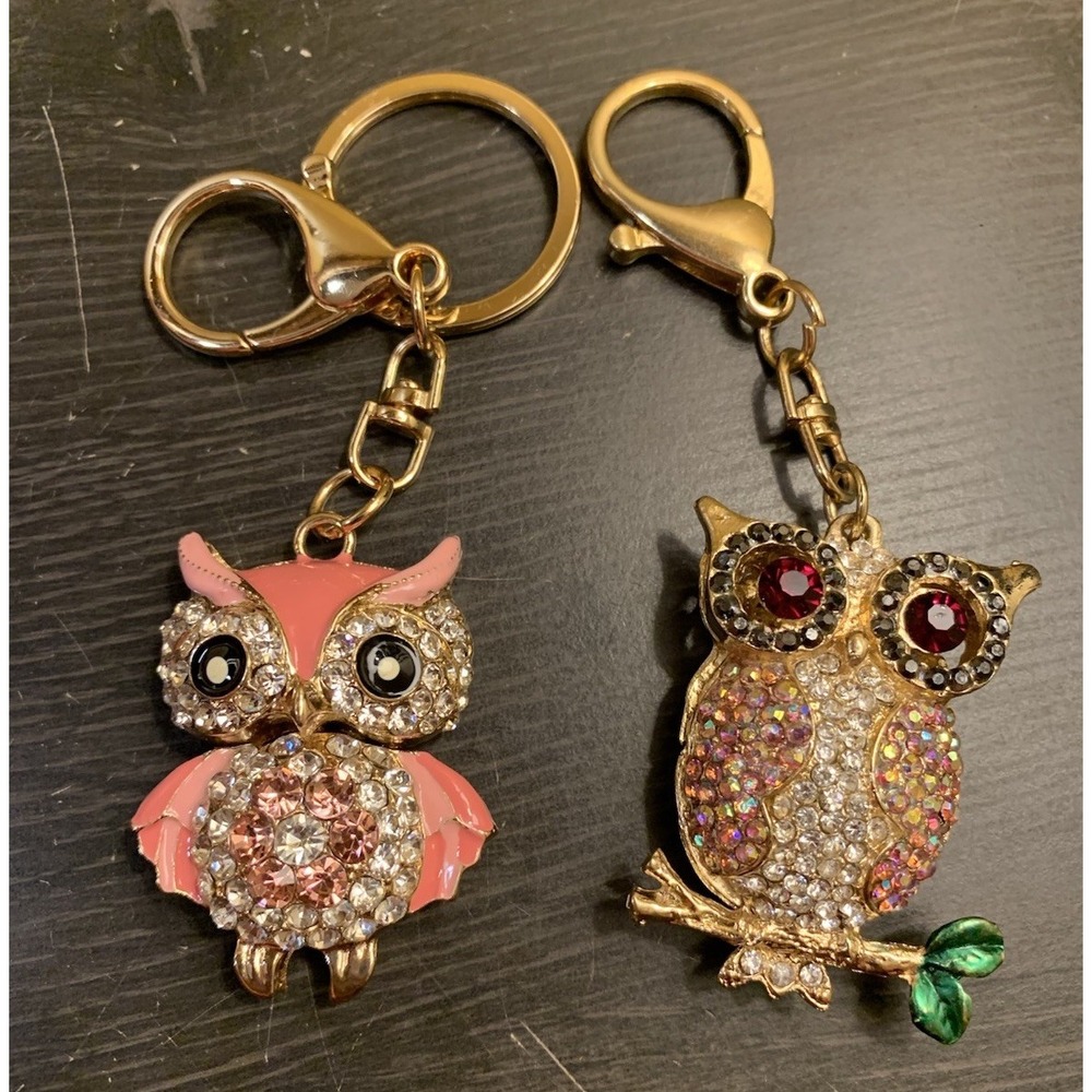 Owl Keychain Set Bejeweled Rhinestone Purse Jewelry Bling Clip Key Ring Wide Eye